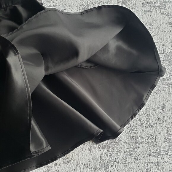 Shiny Black Satin Commense Flare Skirt Dress w Apron Front + Neck Ribbon - Picture 8 of 16